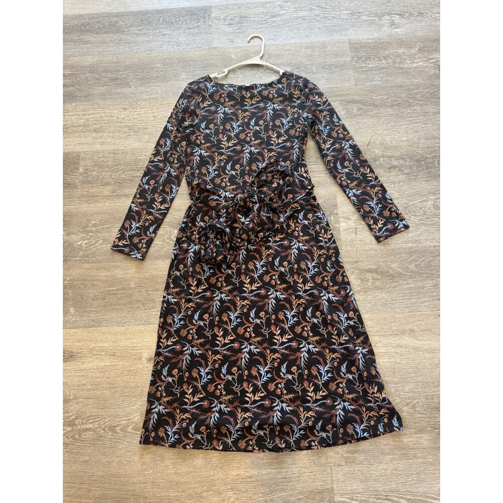 Pact Organic Cotton Dress Women's Sz S Long Sleeve Midi Wrap Black Floral Whimsy - Picture 2 of 4